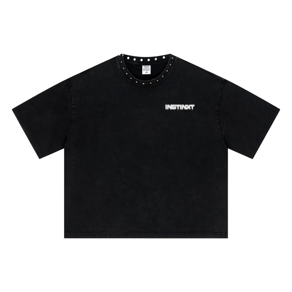310GSM Men’s Boxy-Fit Distressed Fried-Color Snow-Wash Studded Loose T-shirt Vintage black