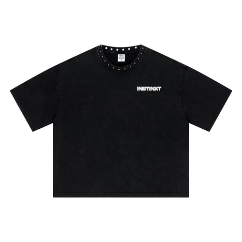 310GSM Men’s Boxy-Fit Distressed Fried-Color Snow-Wash Studded Loose T-shirt Vintage black